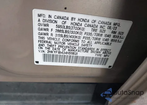 2004 Honda Pilot Ex from USA, damaged, VIN 2HKYF18434H511631